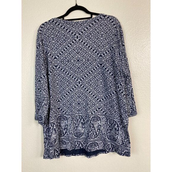 Lucky Brand Women Paisley Floral Boho Tunic Top 3X Cotton Modal Blue Peasant - Picture 2 of 12